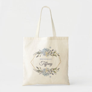 Geometric Gold Frame Dusty Blue Florals Bridesmaid Tote Bag
