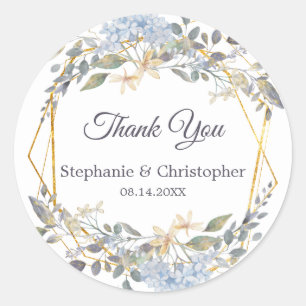 Geometric Gold Frame Dusty Blue Florals Thank You Classic Round Sticker