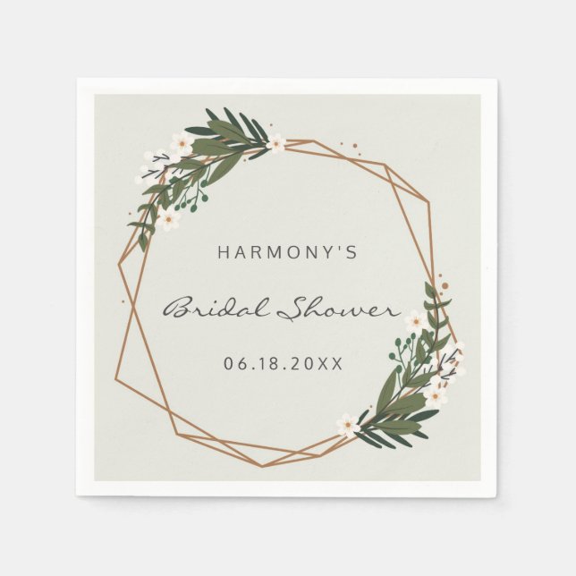 Geometric Gold Frame Greenery Modern Bridal Shower Napkin (Front)