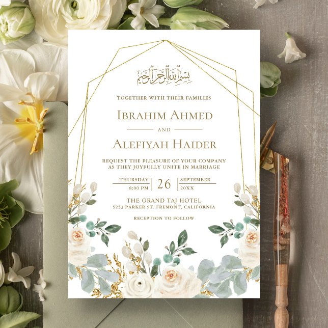 Geometric Gold Frame Ivory Floral Islamic Wedding Invitation (Creator Uploaded)