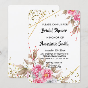 Geometric Gold Frame Pink Floral Bridal Shower Invitation