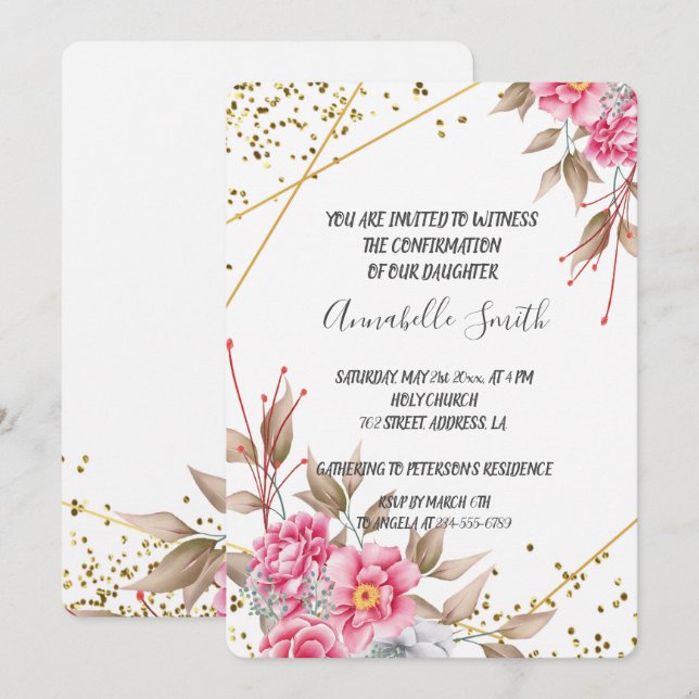 Geometric Gold Frame Pink Floral  CONFIRMATION Invitation (Front/Back)