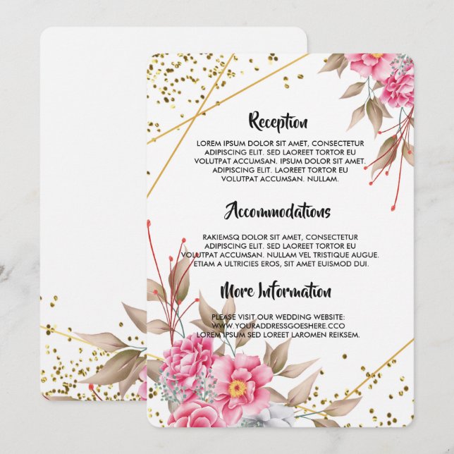 Geometric Gold Frame Pink Floral Invitation (Front/Back)