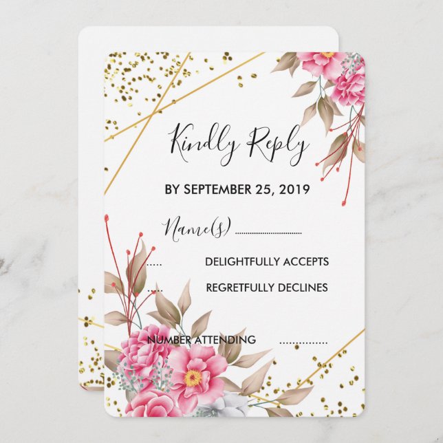 Geometric Gold Frame Pink Floral  RSVP Invitation (Front/Back)