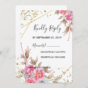Geometric Gold Frame Pink Floral  RSVP Invitation