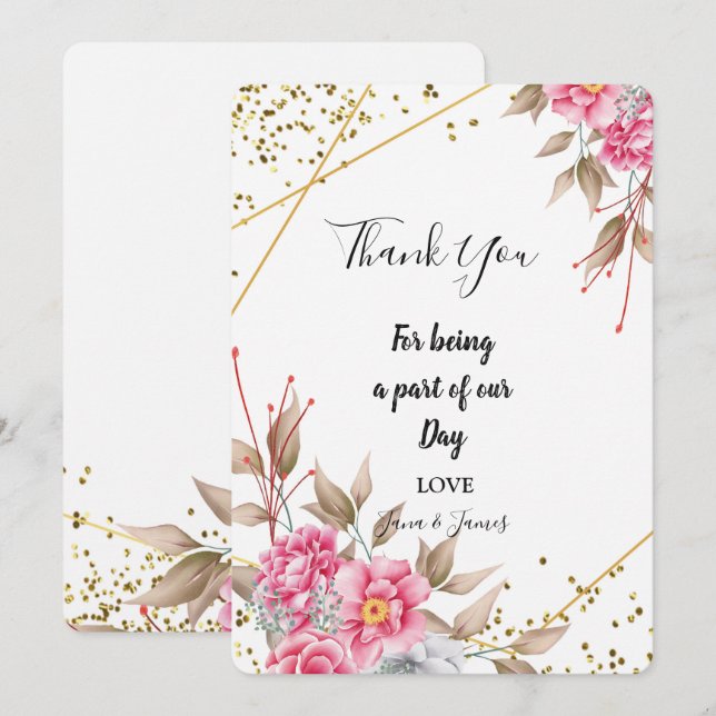 Geometric Gold Frame Pink Floral thank you Invitation (Front/Back)