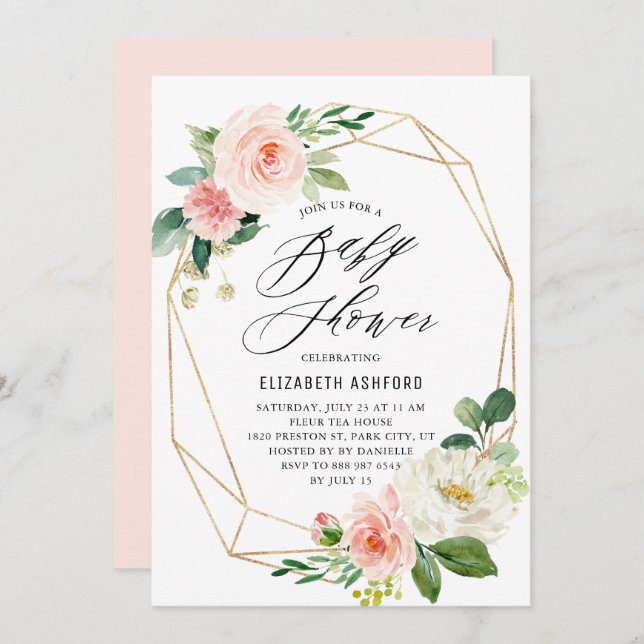 Geometric Gold Frame Pink Florals Baby Shower Invitation (Front/Back)