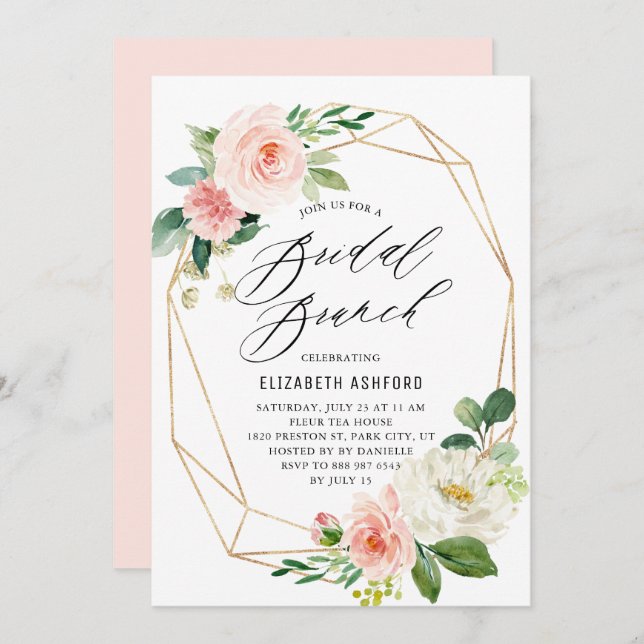 Geometric Gold Frame Pink Florals Bridal Brunch Invitation (Front/Back)