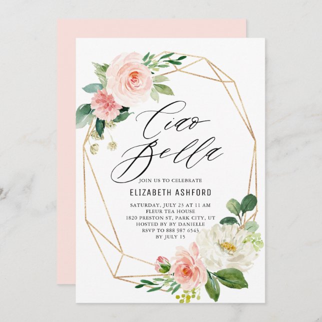 Geometric Gold Frame Pink Florals Ciao Bella Invitation (Front/Back)