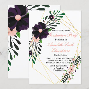 Geometric Gold Frame purple floral Graduation Part Invitation