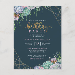 Geometric Gold Frame & Succulents Birthday Party Invitation Postcard
