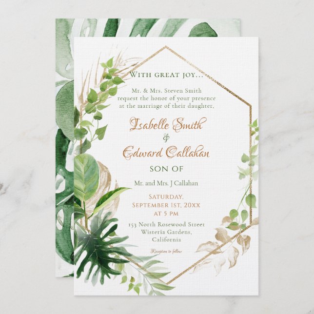 Geometric Gold Frame Tropical Green Leaves Wedding Invitation (Front/Back)