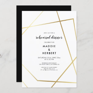 Geometric gold frame wedding rehearsal dinner invitation