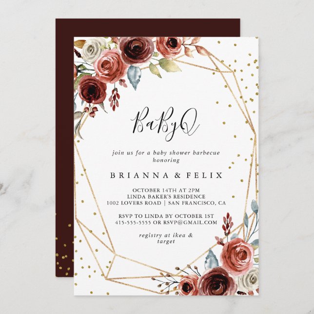 Geometric Gold Glitter BabyQ Baby Shower Barbecue Invitation (Front/Back)