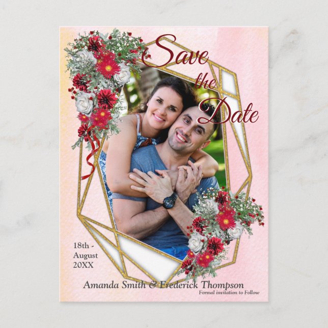 Geometric -Gold Glitter Burgundy Bouquets Announcement Postcard (Front)