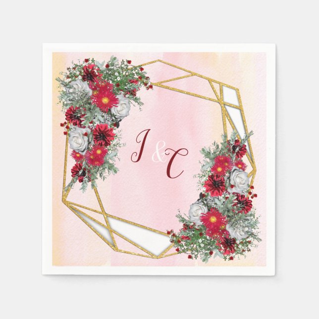 Geometric - Gold Glitter Burgundy Bouquets Napkin (Front)