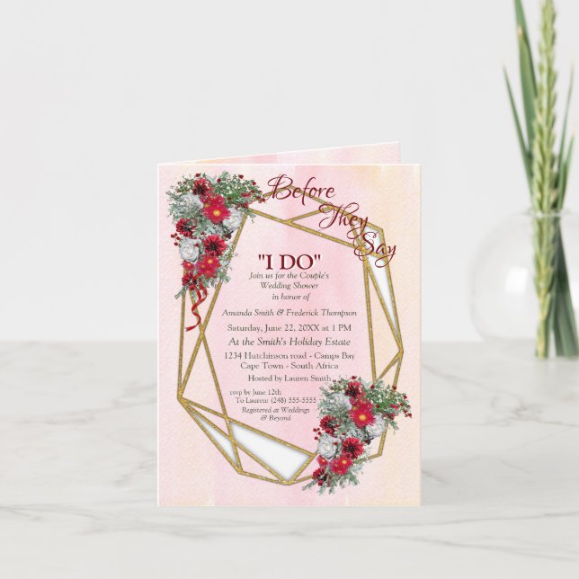 Geometric - Gold Glitter Burgundy Couple Shower Invitation (Front)
