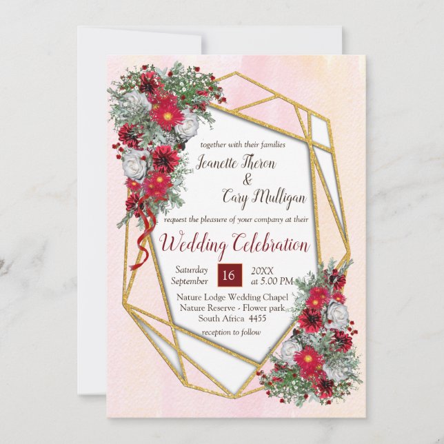 Geometric Gold Glitter Burgundy Flowers Invitation (Front)