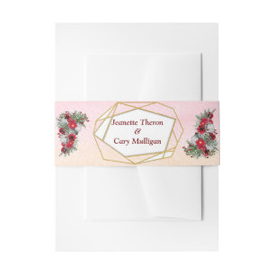 Geometric - Gold Glitter Burgundy  Flowers Invitation Belly Band