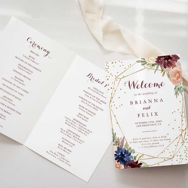 Geometric Gold Glitter Calligraphy Folded Wedding Programme (Creator Uploaded)