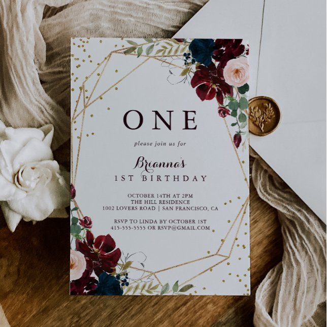 Geometric Gold Glitter Floral First Birthday Party Invitation (Creator Uploaded)