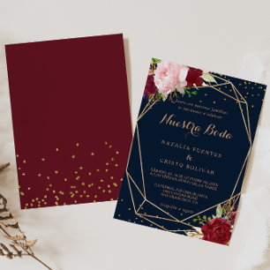 Geometric Gold Glitter Red Spanish Wedding Invitation