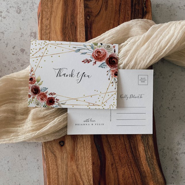 Geometric Gold Glitter Spring Floral Thank You Postcard (Creator Uploaded)