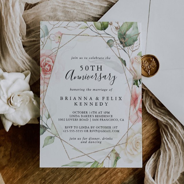 Geometric Gold Green 50th Wedding Anniversary Invitation (Creator Uploaded)