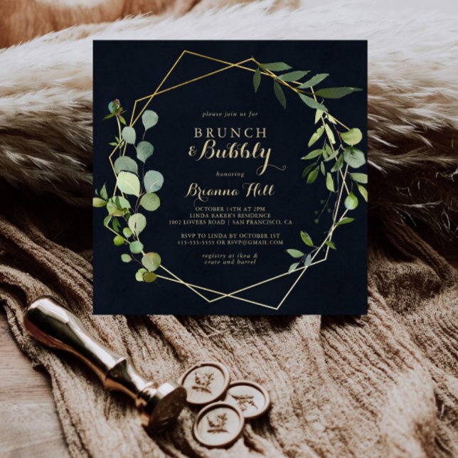 Geometric Gold Green Brunch Bubbly Bridal Shower Invitation (Creator Uploaded)