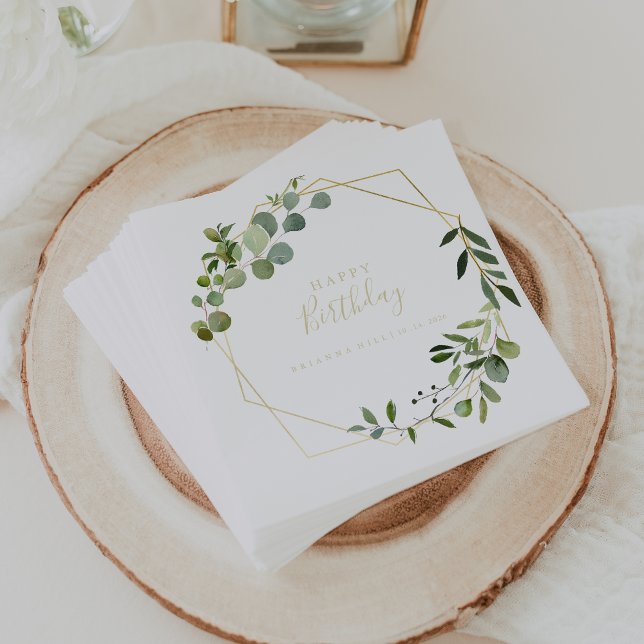 Geometric Gold Green Calligraphy Birthday Party Napkin (Creator Uploaded)
