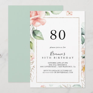 Geometric Gold Green Foliage 80th Birthday Party Invitation