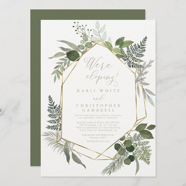 Geometric Gold Green Foliage Elopement Reception Invitation (Creator Uploaded)