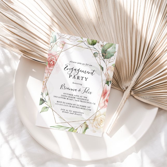 Geometric Gold Green Foliage Engagement Party Invitation (Creator Uploaded)