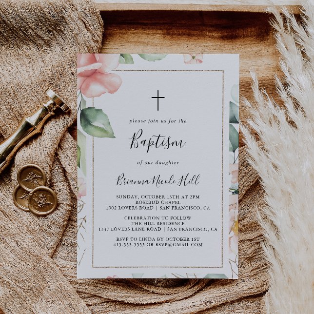 Geometric Gold Green Foliage Floral Baptism Invitation (Creator Uploaded)