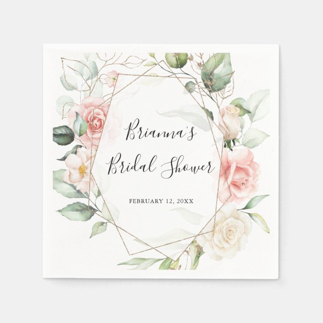 Geometric Gold Green Foliage Floral Bridal Shower Napkin (Front)