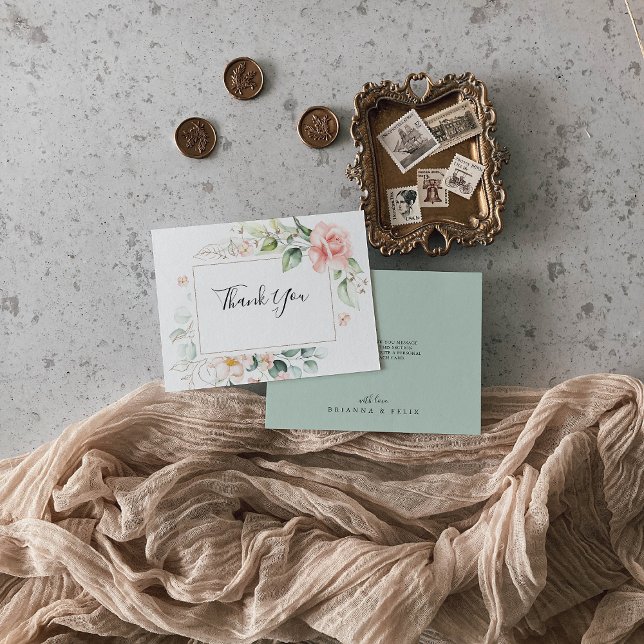 Geometric Gold Green Foliage Floral Flat Wedding Thank You Card (Creator Uploaded)