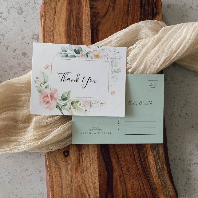 Geometric Gold Green Foliage Floral Thank You Postcard (Creator Uploaded)