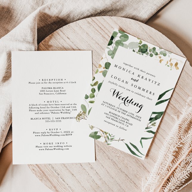 Geometric Gold Green Foliage Front & Back Wedding  Invitation (Creator Uploaded)