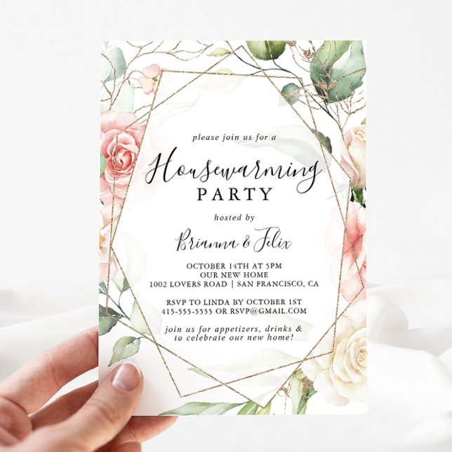 Geometric Gold Green Foliage Housewarming Party Invitation (Creator Uploaded)