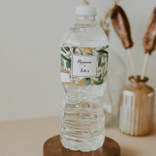 Geometric Gold Green Foliage Wedding  Water Bottle Label