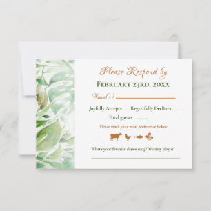 Geometric Gold Green Monstera Leaves Wedding RSVP  Card