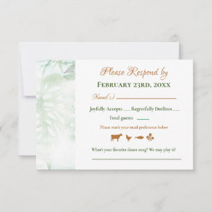Geometric Gold Green Monstera Leaves Wedding RSVP  Card