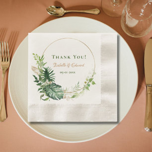 Geometric Gold Green Tropical  Monstera Leaves Napkin