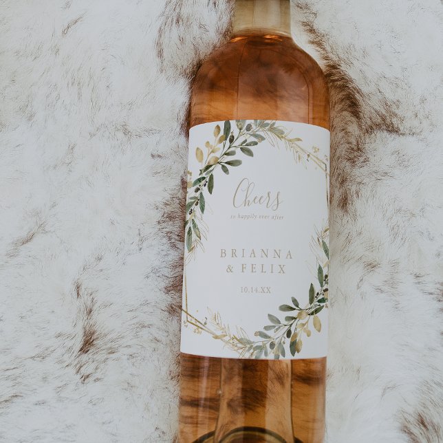 Geometric Gold Greenery Cheers Wedding Wine Labels (Creator Uploaded)