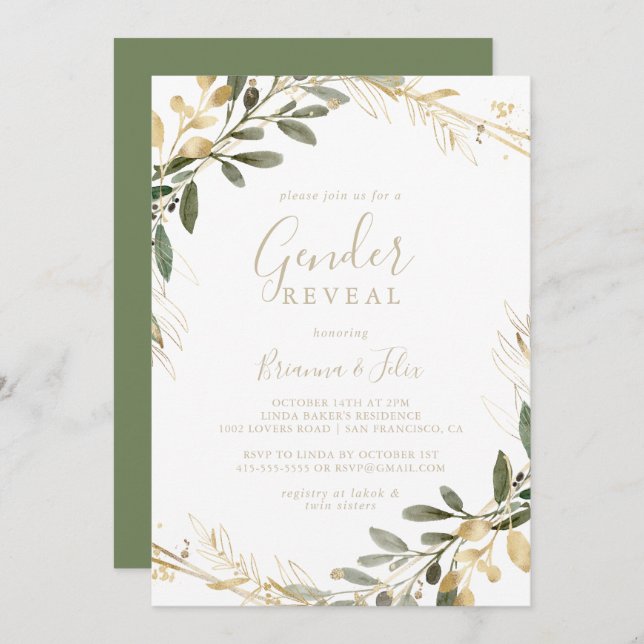 Geometric Gold Greenery Fall Gender Reveal Party   Invitation (Front/Back)