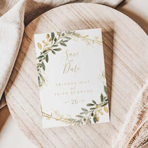 Geometric Gold Greenery Fall Save the Date Postcard