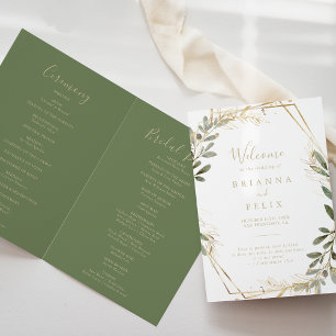 Geometric Gold Greenery Folded Wedding Program Programme