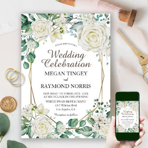 Geometric Gold Greenery Green & White Roses Rustic Invitation