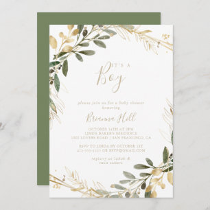 Geometric Gold Greenery It's A Boy Baby Shower   Invitation