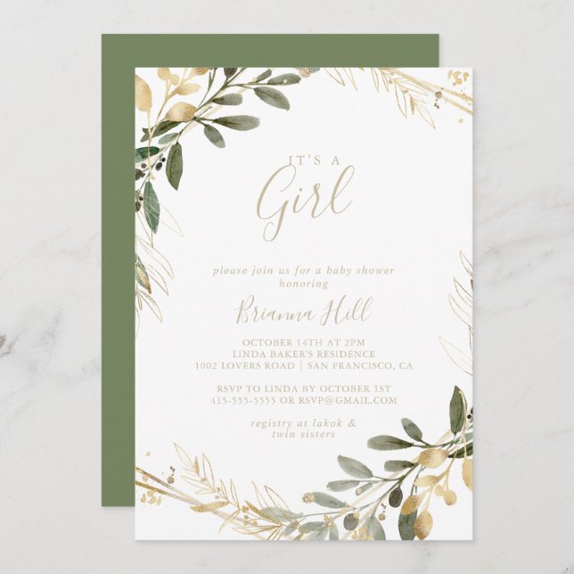 Geometric Gold Greenery It's A Girl Baby Shower   Invitation (Front/Back)